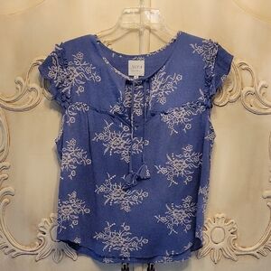 Misa Los Angeles Blue Floral Tie-Front Cap Sleeve Top Size M, Made In The USA